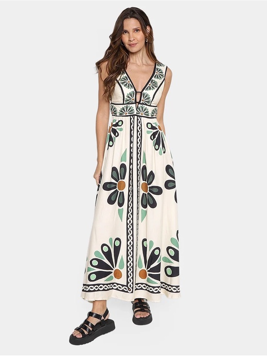 FARM Rio Dresses & Skirts - Farm Rio Cream Maxi Dress with Green & Black Floral Print